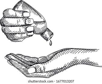 Hand-drawn sketch of hands applying antiseptic gel. Gel antiseptic. Protective measures against coronavirus/COVID-19