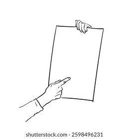 Hand-drawn sketch of hands holding a blank sign and pointing at it. Black and white line art with clean, minimal strokes, isolated on a white background