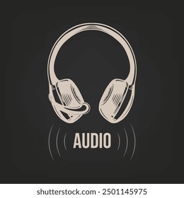 Hand-drawn sketch of headphones with a microphone on a dark background. Vector