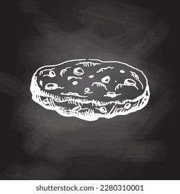 A hand-drawn sketch of homemade cookies with chocolate chips isolated on chalkboard background. Vintage illustration, doodle. Element for the design of labels, packaging and postcards.