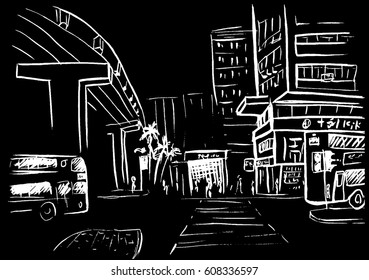 Hand-drawn sketch of Hong Kong street in China