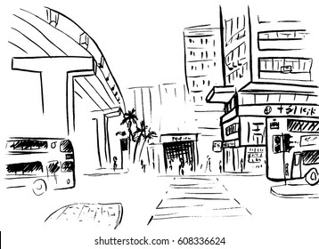 Hand-drawn sketch of Hong Kong street in China