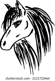 Hand-drawn sketch of a horse's head. Careless stylized drawing of a mustang. T-shirt print. Overlay template. Vector illustration