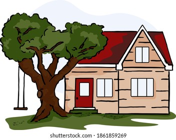 Hand-drawn sketch of a house with a tree and a swing. Cute vector illustration suitable for printing on cards, postcards, children's books, T-shirts and more.