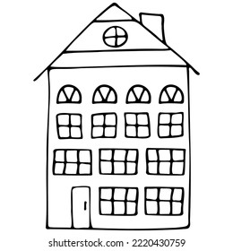 Hand-drawn sketch of a house with windows and attic on a white background. Children's coloring