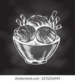 Hand-drawn sketch of an ice cream balls in a bowl  isolated on chalkboard background, white drawing. Vector vintage engraved illustration.	