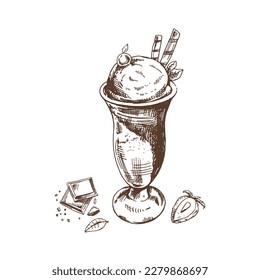 A hand-drawn sketch of  ice cream balls in a cup, pieces of chocolate, strawberry. Vintage illustration. Element for the design of labels, packaging and postcards.