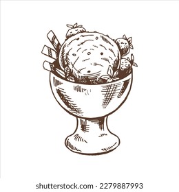 A hand-drawn sketch of  ice cream balls in a cup, strawberry. Vintage illustration. Element for the design of labels, packaging and postcards.
