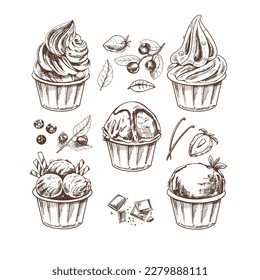 A hand-drawn sketch of  ice cream balls, frozen yoghurt or cupcakes in cups. Blueberries, strawberries, vanilla pods, chocolate.  Set.  for the design of labels, packaging and postcards.