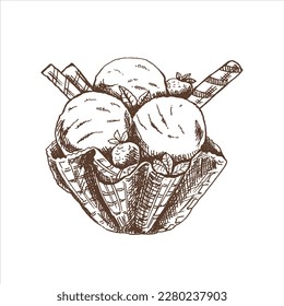 A hand-drawn sketch of  ice cream balls in a waffle basket.Vintage illustration. Element for the design of labels, packaging and postcards.