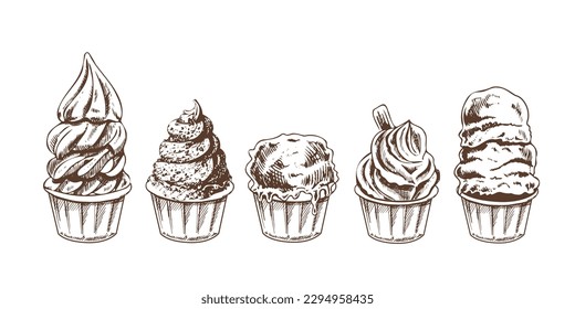 A hand-drawn sketch of ice cream balls, frozen yoghurt or cupcakes in cups. Set. Vintage illustration. Element for the design of labels, packaging and postcards.