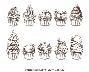 A hand-drawn sketch of ice cream balls, frozen yoghurt or cupcakes in cups. Set. Vintage illustration. Element for the design of labels, packaging and postcards.