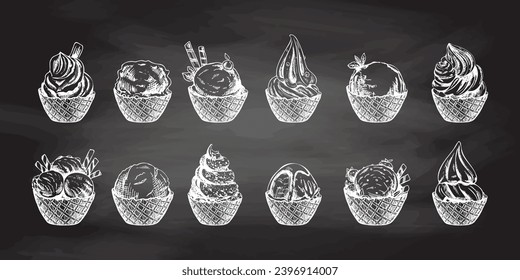 Hand-drawn sketch of ice cream balls, frozen yoghurt in waffle baskets on chalkboard background. Set. Vintage illustration. Elements for labels, packaging and postcards. Sweet food.