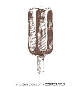A hand-drawn sketch of  ice cream, popsicle on a stick in chocolate. Vintage illustration. Element for the design of labels, packaging and postcards.
