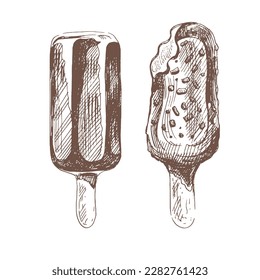 A hand-drawn sketch of  ice cream, popsicle on a stick in chocolate. Vintage illustration. Element for the design of labels, packaging and postcards.
