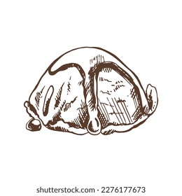 A hand-drawn sketch of ice cream scoop with chocolate sauce. Vintage illustration. Element for the design of labels, packaging and postcards.