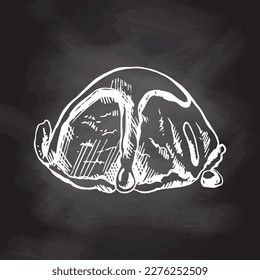 Hand-drawn sketch of ice cream scoop with chocolate sauce  isolated on chalkboard background, white drawing. Vector vintage engraved illustration.	