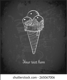 Hand-drawn sketch of ice-cream cone with three ice cream scoops and chocolate/caramel topping on blackboard