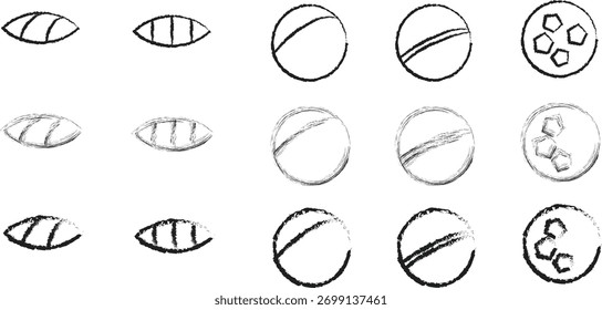 Hand-Drawn Sketch Icon Set of Abstract Eyes, Lenses, Planets, and Spheres - Rough Charcoal Style Doodle Elements