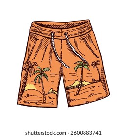 Hand-drawn sketch illustration of beach shorts with tropical palm tree print in vintage style