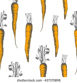 Hand-drawn sketch illustration of carrot. Seamless nature pattern. Fresh organic food. Orange pattern.