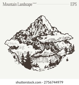 A hand-drawn sketch illustration of a dramatic mountain peak surrounded by forest, layered clouds, and rolling hills, composed within an oval vignette shape in vintage engraving style.