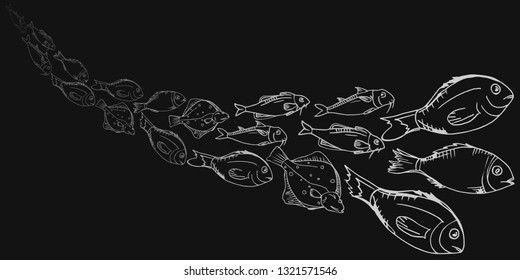 Hand-drawn. Sketch illustration with fish. For banner design, booklet, menu, cafe interior. Contour fish in the form of waves. Dorada, sea bass, flounder, goatfish.