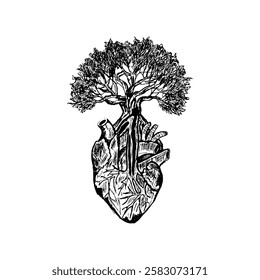 Hand-drawn sketch illustration of a human heart with a tree growing out of it.