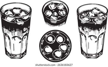 A hand-drawn sketch illustration of iced Americano with ice cubes in transparent glasses