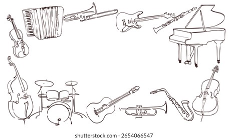 Hand-drawn sketch illustration of various musical instruments arranged in a decorative frame, it includes a grand piano, accordion, drum set, guitar, violin, cello, saxophone, trumpet