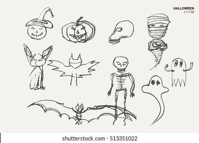 Hand-drawn Sketch illustrations of abstract halloween set. Vector illustration.