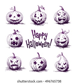 Hand-drawn Sketch illustrations of a carved pumpkins. Halloween night.