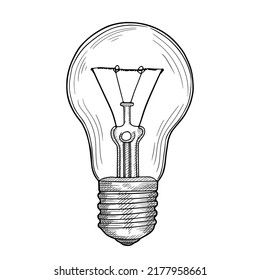 Hand-drawn sketch of an incandescent light bulb. Light bulb vector drawing isolated on white background.