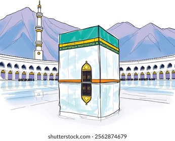 A hand-drawn sketch of the Kaaba in a cool color palette of blues, greens, and purples