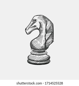 Hand-drawn sketch of Knight chess piece on a white background. Chess pieces. Chess. Check mate