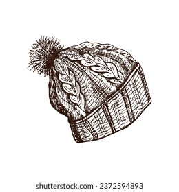 Hand-drawn sketch of knitted hat. Knitwear, handmade concept in vintage doodle style. Engraving style. 