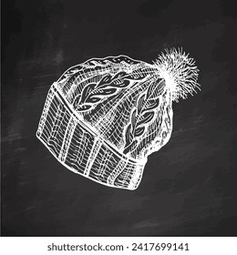 Hand-drawn sketch of knitted hat on chalkboard background. Knitwear, handmade concept in vintage doodle style. Engraving style.