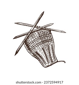 Hand-drawn sketch of knitted mitten, glove with knitting needles. Knitwear, handmade concept in vintage doodle style. Engraving style. 