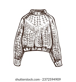 Hand-drawn sketch of knitted  sweater, pullover. Knitwear, handmade concept in vintage doodle style. Engraving style. 