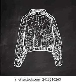 Esbozo dibujado a mano de suéter de punto, pullover sobre fondo de pizarra. Ropa de mimbre, concepto hecho a mano en estilo doodle vintage. Estilo de grabado.	