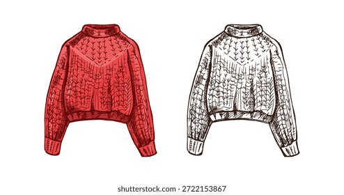 Boceto dibujado a mano de suéter de punto, suéter. Prendas de punto, concepto hecho a mano en estilo vintage doodle. Estilo de grabado. 