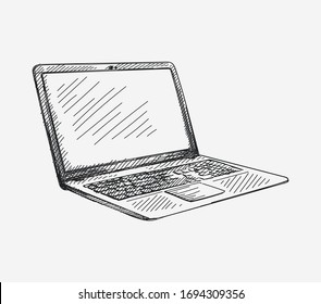 Hand-drawn sketch of laptop computer. Notebook on a white background. Opened laptop with white screen.