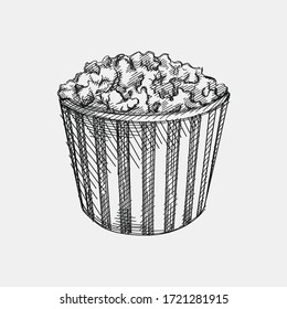 Hand-drawn sketch of large popcorn cup on a white background. Going to the cinema. Watching a movie. 