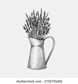 Esbozo dibujado a mano de flores de lavanda en un frasco de metal sobre un fondo blanco. Planta de lavanda. Tratamiento con lavanda. Rama de lavanda. Hierbas y plantas