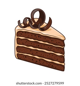 Hand-drawn sketch of a layered chocolate cake with icing and shavings. Realistic slice illustration isolated on white. Ideal for dessert themes and food designs.
