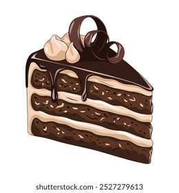 Hand-drawn sketch of a layered chocolate cake with icing and shavings. Realistic slice illustration isolated on white. Ideal for dessert themes and food designs.
