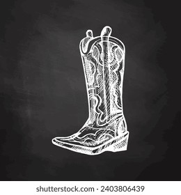 Hand-drawn sketch of leather boot on chalkboard background. Vintage drawing of Latin American national shoes. Vector black ink outline illustration. Mexican culture. Latin America.