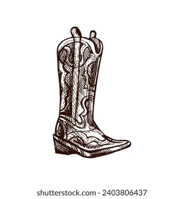 Hand-drawn sketch of leather boot. Vintage drawing of Latin American national shoes. Vector black ink outline illustration. Mexican culture. Latin America.	