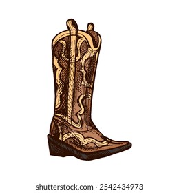 Hand-drawn sketch of leather boot. Vintage drawing of Latin American national shoes. Vector black ink outline illustration. Mexican culture. Latin America.	