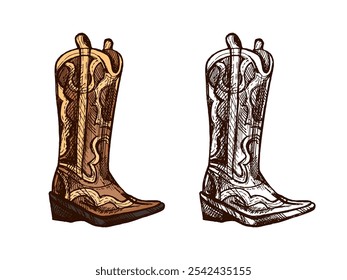 Hand-drawn sketch of leather boot. Vintage drawing of Latin American national shoes. Vector black ink outline illustration. Mexican culture. Latin America.	